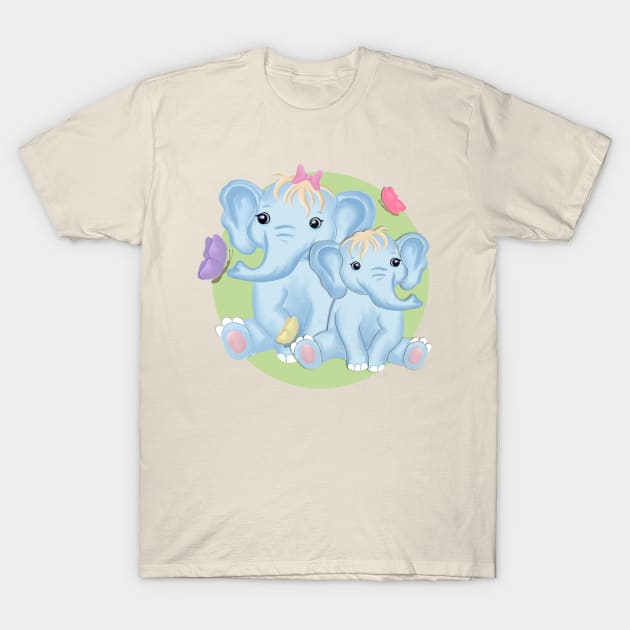 Mom and baby elephant with butterflies T-Shirt by AlondraHanley